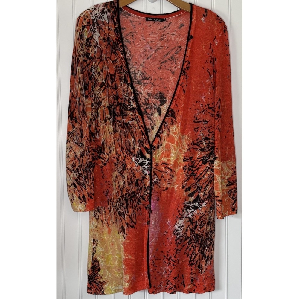 NIC+ZOE Long Cardigan Sweater 1X Linen Blend Button Front Coral Yellow Abstract